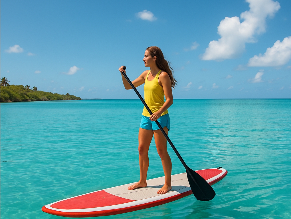 Guest enjoying paddle surf in front of the hotel